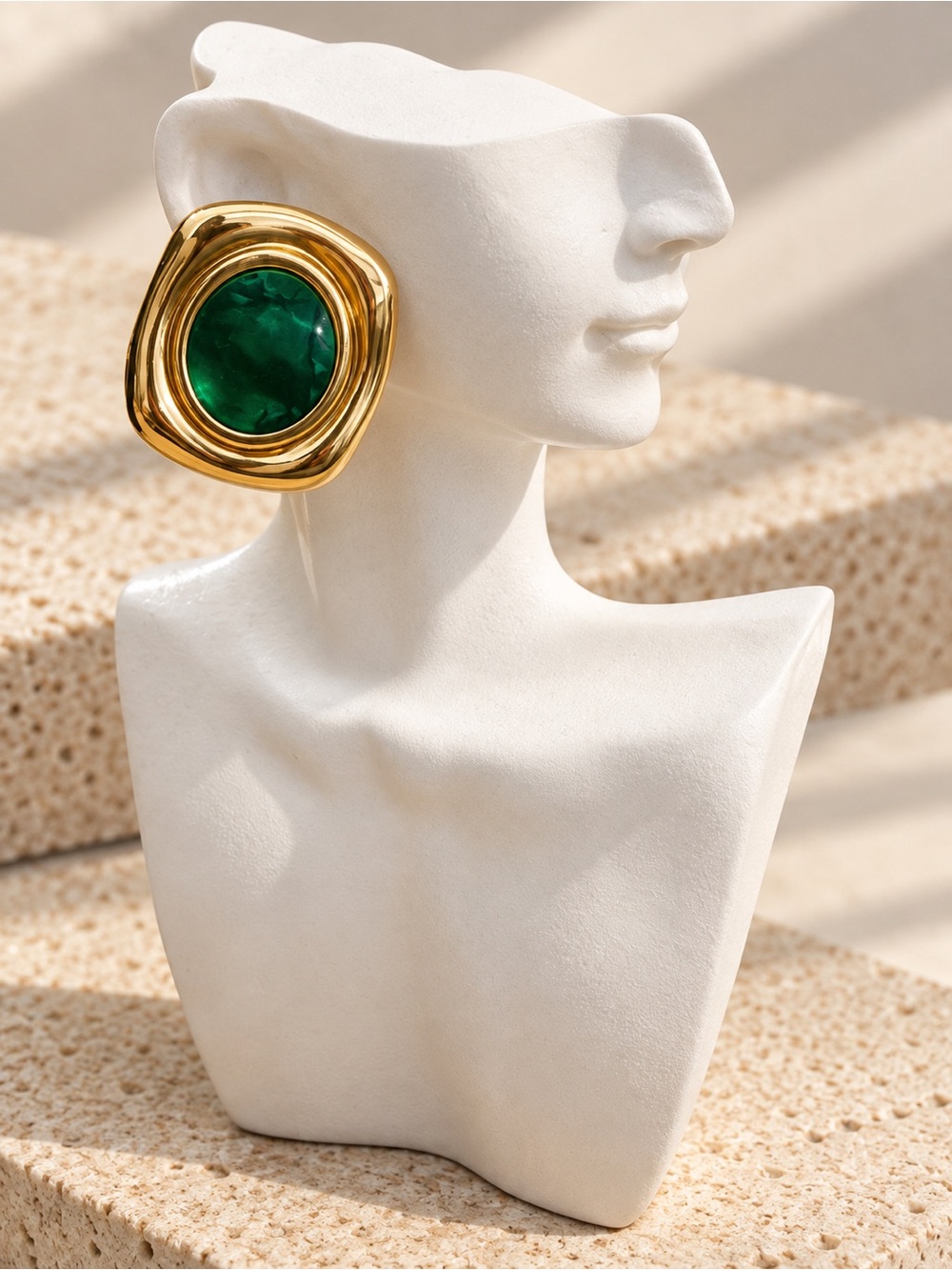 Gold-Plated Earrings with Emerald Green Center